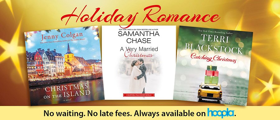 a graphic illustration with three audiobook covers for holiday romance novels