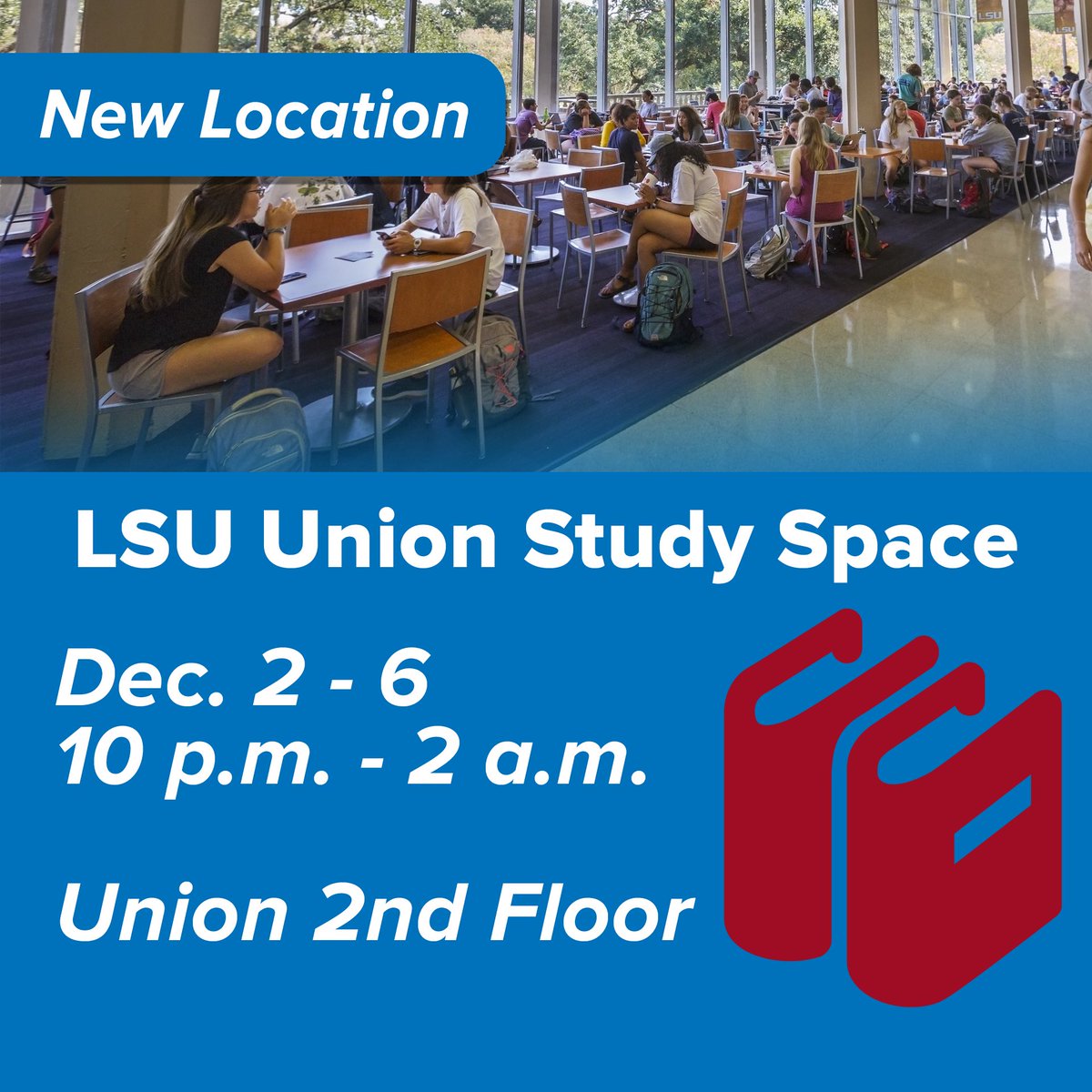 LSU_SG's tweet image. LSU Union Study Space will be December 2nd-6th from 10pm-2am on the 2nd Floor in the Union!