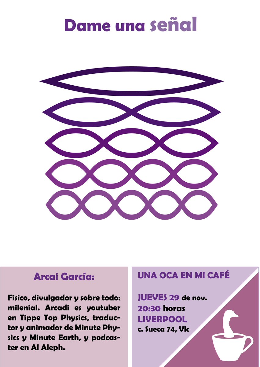 Nuevo evento de Una Oca en mi Café, este jueves, con el gran <a href="/garirius/">🌈 Arcadi Garcia 🌈</a> hablándonos sobre señales, ondas, frecuencias y todas las mates que hay detrás y que permiten que exista la tecnología que damos por supuestas.
Este jueves, las 20:30 en el bar Liverpool.