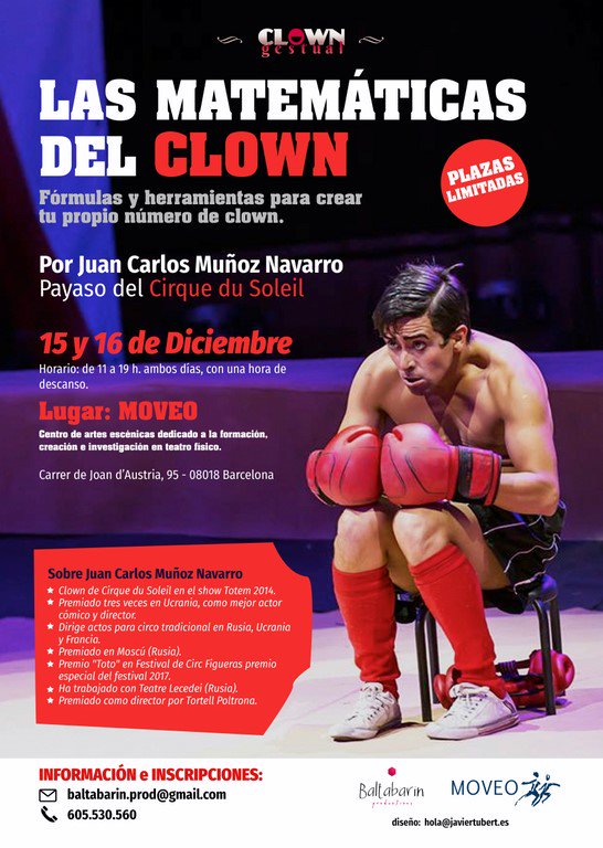 zirkolika's tweet photo. 💥¡Crea tu número de #clowngestual! Los días 15 y 16 de diciembre Juan Carlos Muñoz #Baltabarin impartirá "Las matemáticas del #Clown" en @moveo_barcelona.
💶 ¡Por ser el subscriptor de #Zirkólika el curso te costará solo 150 euros!
🔴INSCRIPCIONES: https://t.co/F4JKPWebxb https://t.co/8KNYi5yyDj