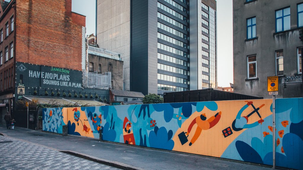 UsFolk_'s tweet image. We're going to share some of our large scale illustration work over the next few days! First up Cecile Gariepy's illustration for Riverhouse Belfast on Skipper Street. Painting by @SeedheadArts 📸 by @fillyc #illustration #illustrator #streetart #mural #muralpainting