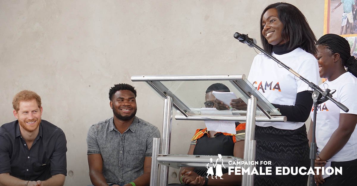 Camfed's tweet photo. Find out what Fati &amp; Tisi shared with Prince Harry in their speech earlier today. It certainly made him smile! With their CAMA sisters, they joined him for a special event with @QueensComTrust to celebrate young people leading change: https://t.co/XGJmnpp0VR https://t.co/DFQxw3XmvS