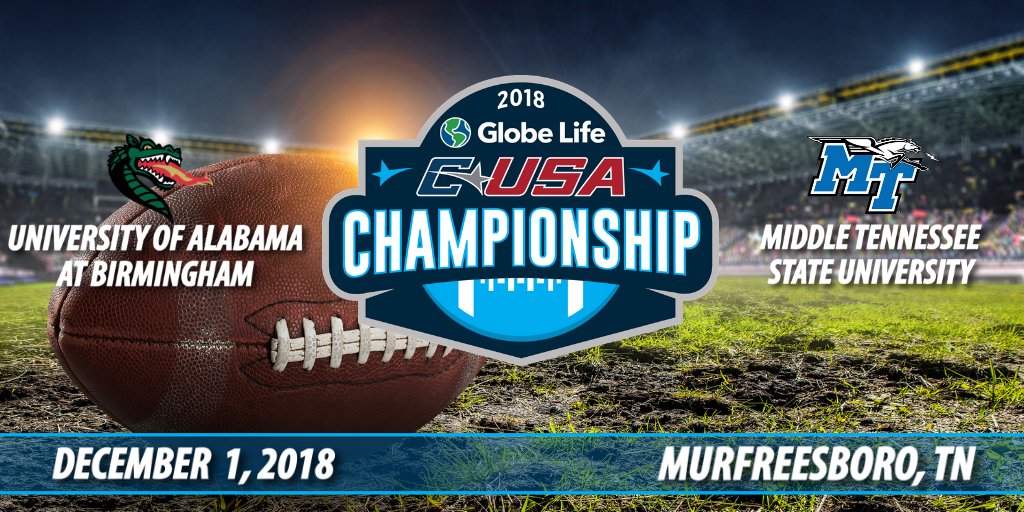 GlobeLife's tweet photo. The stage is set for this weekend's championship match up!  @UAB_FB will travel to Murfreesboro, TN to take on @MT_FB.  What school are you pulling for?   What colors do you bleed?  "Like" for UAB and "Retweet" for MTSU!  #GlobeLifeUSA #UABvsMTSU https://t.co/8rykL00rEM
