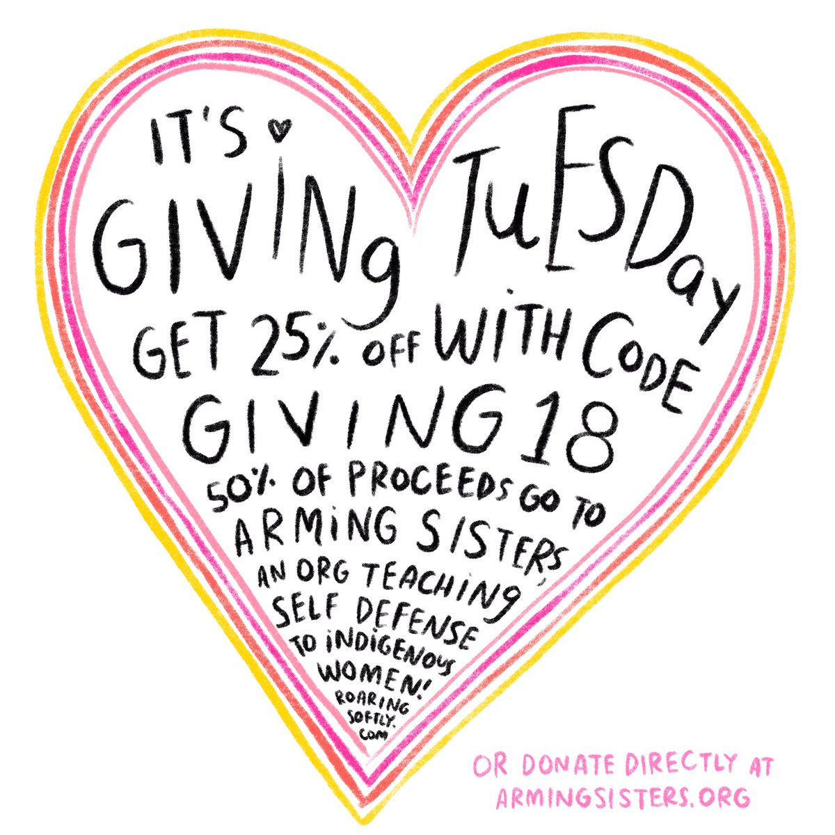 It's #GivingTuesday!  Get 25% off with code GIVING18. Half of today's proceeds go to @ArmingSisters, an org building self-empowerment in Indigenous women through self defense training. ? 

shop at https://t.co/E7RWQbpMUa
donate directly at https://t.co/HJZIuZnX6U 