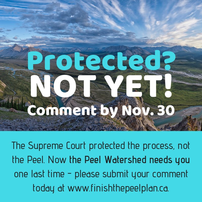 THREE DAYS LEFT - the Peel Watershed needs your voice NOW. Comment at finishthepeelplan.ca/engage or learn more first at protectpeel.ca. Please ask for 80% permanent protection of this precious wild place!
#protectpeel #Yukon
<a href="/CPAWSYukon/">CPAWS Yukon</a> <a href="/YCSYukon/">Yukon Conservation Society</a> <a href="/Y2Y_Initiative/">Yellowstone to Yukon Conservation Initiative</a>
