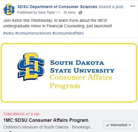 SDSU_CS's tweet image. Join Axton this Wednesday, to learn more about the NEW undergraduate minor in Financial Counseling, just launched!

#sdsu #consumersciences #consumeraffairs #onemillioncupsbrookings