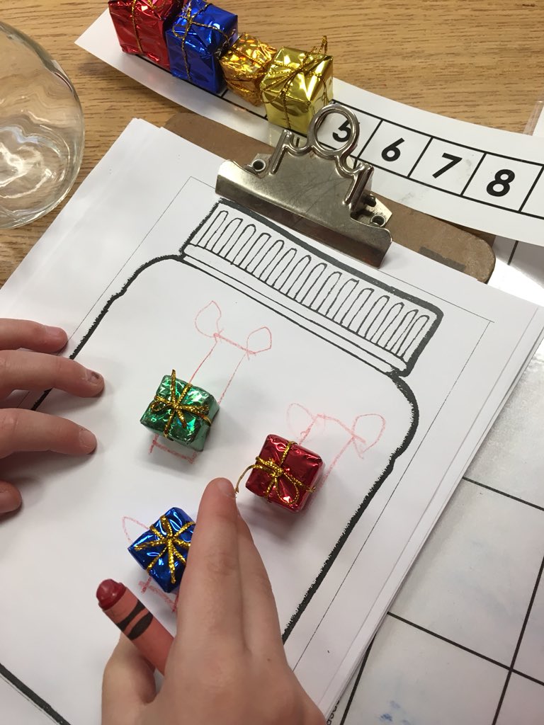 McLennan1977's tweet photo. Holiday ‘guessing jars’ to encourage estimation and counting. Reasonably guess how many, count using tools (numberlines, ten frames) and record your totals on your paper. #math #joyfulmath #MRBoS https://t.co/tp7Gh7PiW5