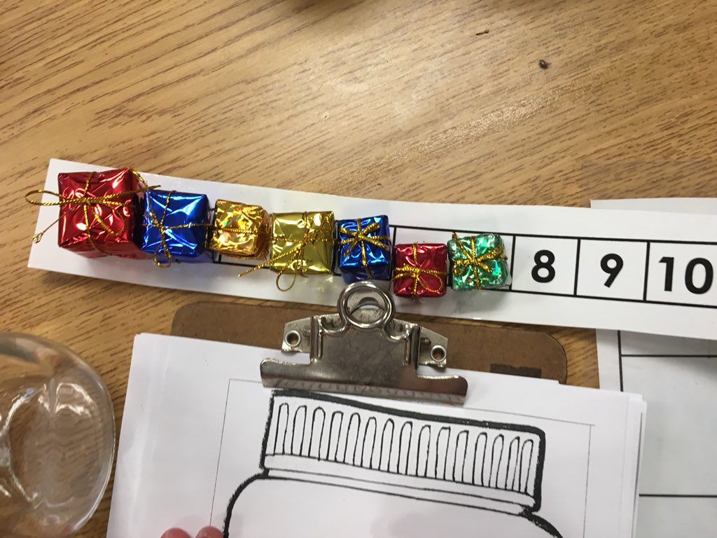 McLennan1977's tweet photo. Holiday ‘guessing jars’ to encourage estimation and counting. Reasonably guess how many, count using tools (numberlines, ten frames) and record your totals on your paper. #math #joyfulmath #MRBoS https://t.co/tp7Gh7PiW5