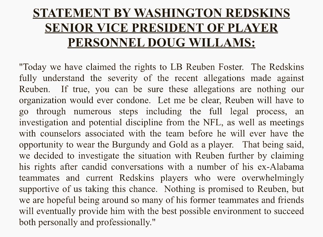 TrayABC11's tweet image. #Redskins VP of Personnel Doug Williams on the team’s acquisition of #ReubenFoster