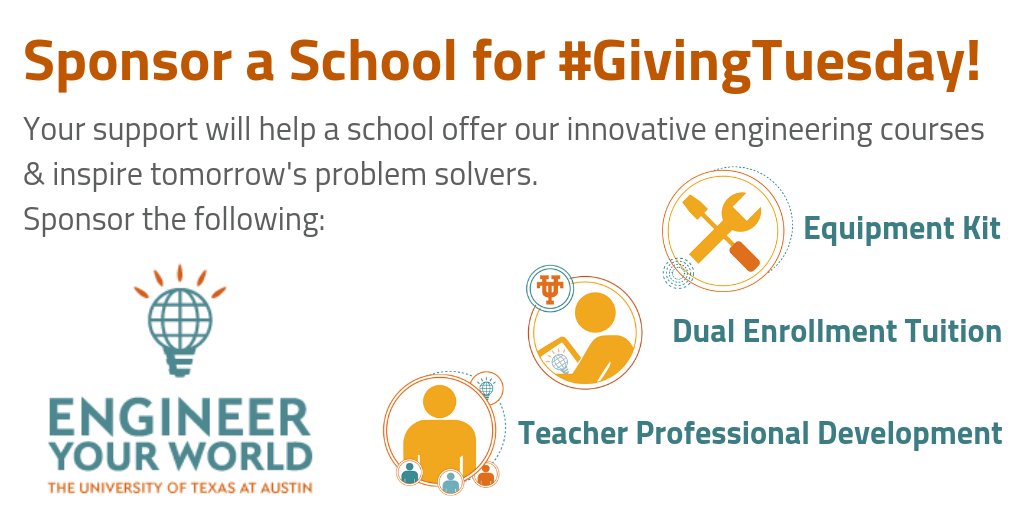 EngrYourWorld's tweet image. On this #GivingTuesday, support #Engineering4All students!

Sponsor a teacher&apos;s engineering #PD, cover a student&apos;s #DualEnrollment tuition, or provide an equipment kit so a school can start our #engineering courses!
engineeryourworld.org/partners-and-s…