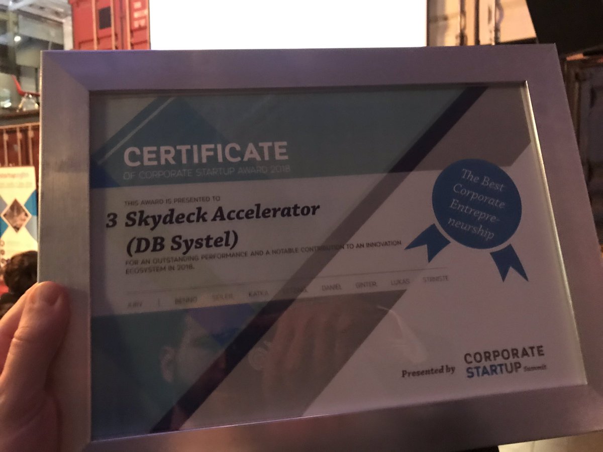 Congratulations to the <a href="/DB_Skydeck/">DB Skydeck</a> team! The #SkydeckAccelerator won the 3rd place of the Corporate Startup Award in the category „Corporate Entrepreneurship“. Best precondition for the #demoday on thursday :-) #dbdigital #2thecrazy1