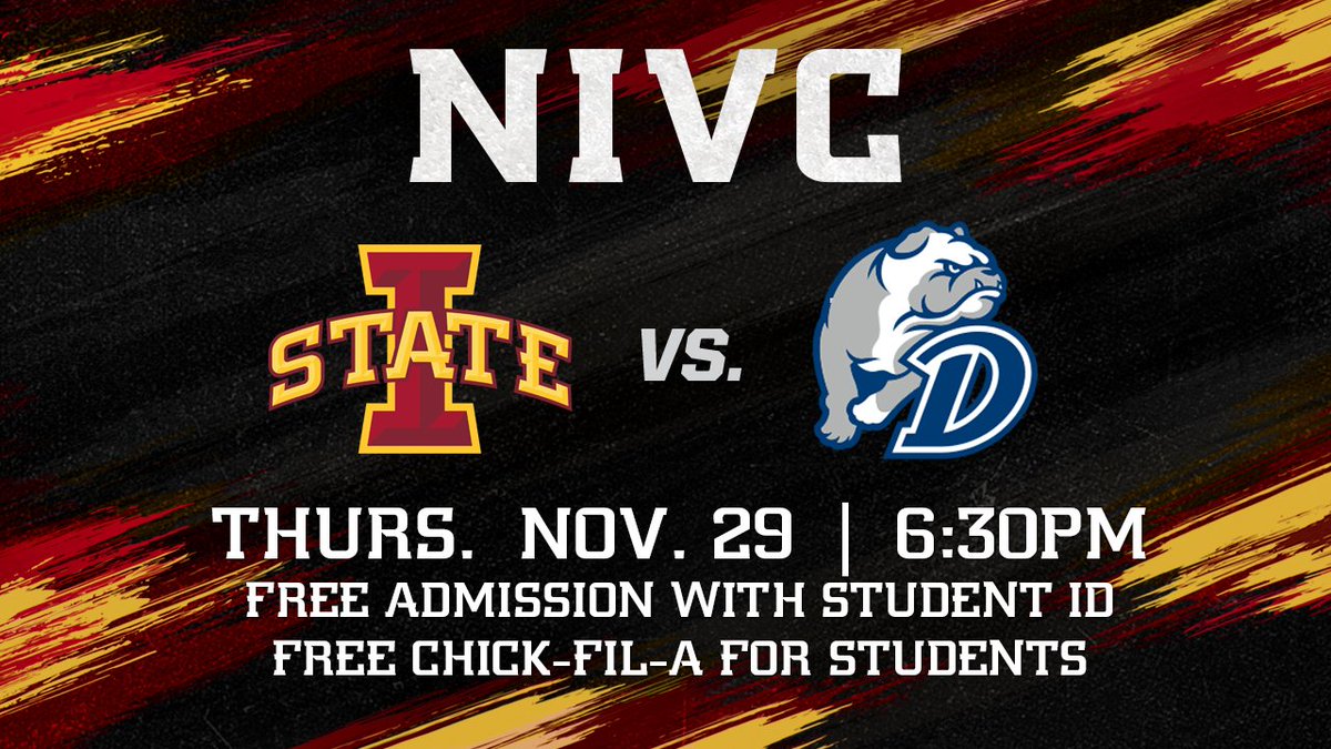 CYdOutCrew's tweet photo. Have you heard? We're back in Hilton for a little longer! The Iowa State Volleyball team will play Drake in the NIVC this Thursday at 6:30pm! There will also be FREE CHICK-FIL-A for students! #CYdOutCrew 🌪🏐 https://t.co/nA39qxGSv2