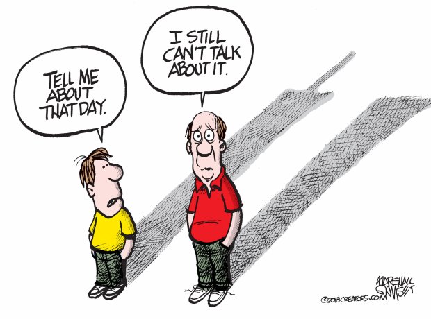 toni_whytee's tweet photo. This political cartoon represents 9/11 and the effects it still has on the individuals that were alive at the time, or even present. Terrorist attacks have life long effects on people, sometimes bringing back bad memories just telling the story of where they were. #marksaplang https://t.co/SHr1xE3CvY