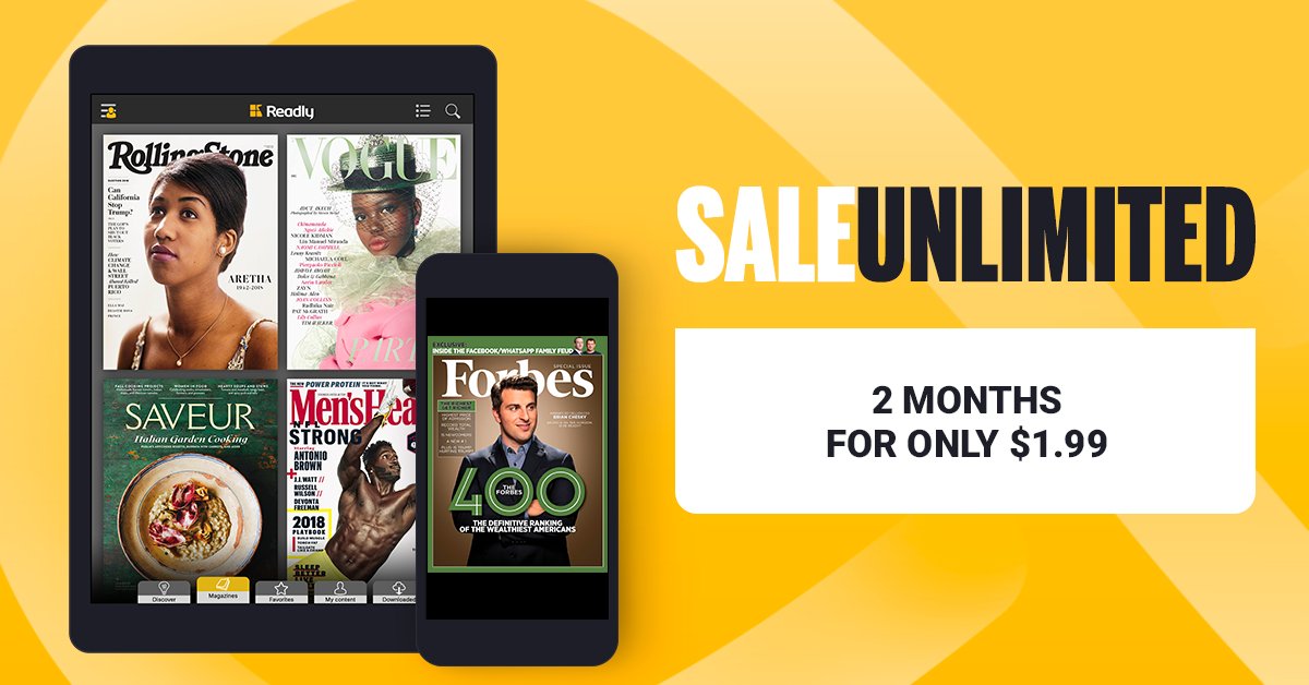 ReadlySupport's tweet image. Black Friday and Cyber Monday are over, but the SALEUNLIMITED is still going! Give Readly a try for $1.99 for two months of unlimited reading. us.readly.com/unlimited