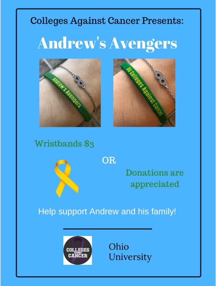 CAC_OU's tweet photo. It’s Giving Tuesday! Help us raise money for a local Athens boy named Andrew. He is fighting a rare & aggressive form of tissue cancer. We are selling wristbands & are also accepting donations. Anything helps! 💜🎗 #CACOU https://t.co/sDrQvTMxgr