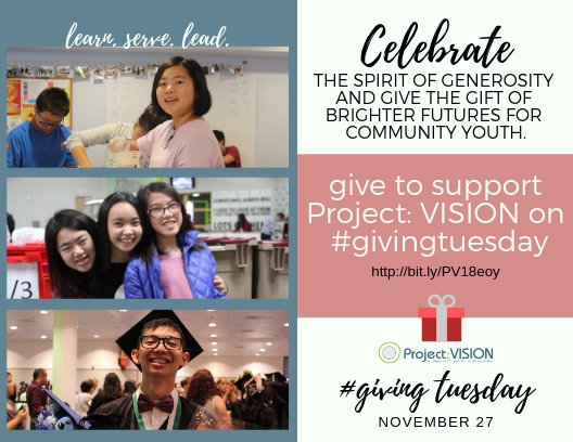Today is #GivingTuesday! Join the movement to celebrate giving during the holiday season. Please consider supporting community youth by making a gift to help Project: VISION provide much-needed after school programs! Give a gift today: bit.ly/PV18eoy