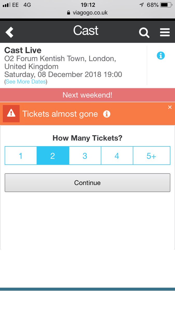 tonybrian1979's tweet photo. @viagogo @castofficial @CMAgovUK Fine example of the rip off site that is Viagogo. Tickets still available for Cast gig on Ticketmaster 2 for £56.75 yet Viagogo, by the time they add on extras right at the end, want £125 + make you try and believe it’s nearly sold out. #stoptouts https://t.co/ns1DL0U9Eo