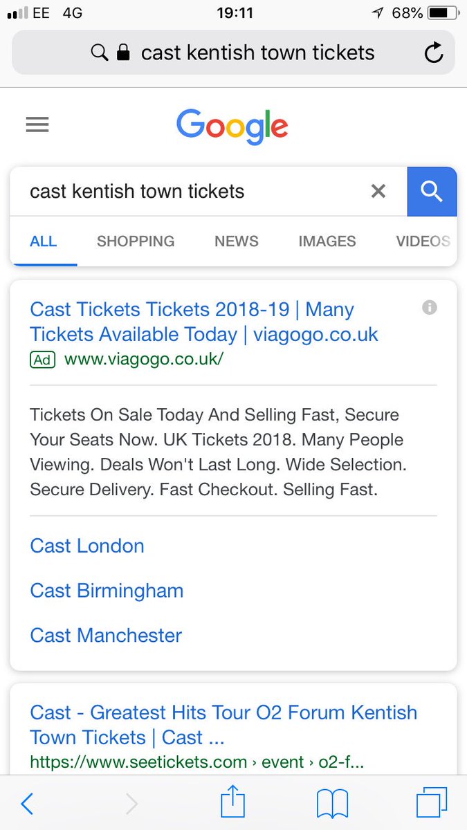 tonybrian1979's tweet photo. @viagogo @castofficial @CMAgovUK Fine example of the rip off site that is Viagogo. Tickets still available for Cast gig on Ticketmaster 2 for £56.75 yet Viagogo, by the time they add on extras right at the end, want £125 + make you try and believe it’s nearly sold out. #stoptouts https://t.co/ns1DL0U9Eo