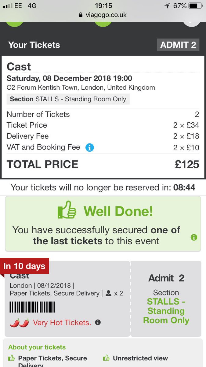 tonybrian1979's tweet photo. @viagogo @castofficial @CMAgovUK Fine example of the rip off site that is Viagogo. Tickets still available for Cast gig on Ticketmaster 2 for £56.75 yet Viagogo, by the time they add on extras right at the end, want £125 + make you try and believe it’s nearly sold out. #stoptouts https://t.co/ns1DL0U9Eo
