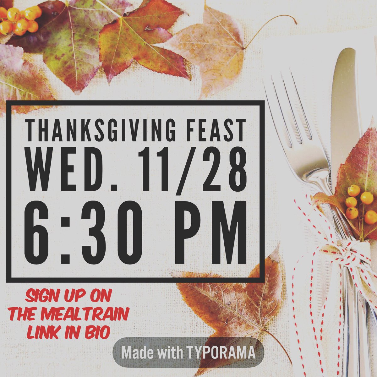 PassionStudents's tweet photo. Our Thanksgiving Feast is 2MORO 11/28, 6:30 pm! Sign up on our mealtrain for the side dish you will bring to share: https://t.co/TKw7QiB2O3 https://t.co/tAGDTLHelL
