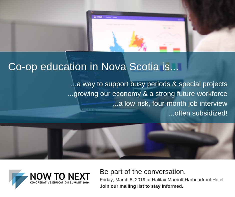 Explore the impact of co-op and other work-integrated learning on the future of Nova Scotia’s professional workforce. On March 8, join the conversation. bit.ly/2qmlqem #coopinNS