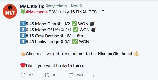 mylittletip's tweet image. 🍀We have hit three winners out of 4 twice this month already on the Lucky 15's - So close to landing the big one.

🔁150 Retweets and Lucky 15 for Wednesday goes up at 10am.