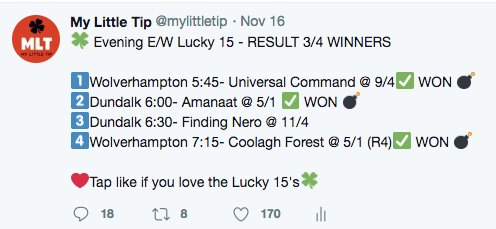 mylittletip's tweet image. 🍀We have hit three winners out of 4 twice this month already on the Lucky 15's - So close to landing the big one.

🔁150 Retweets and Lucky 15 for Wednesday goes up at 10am.