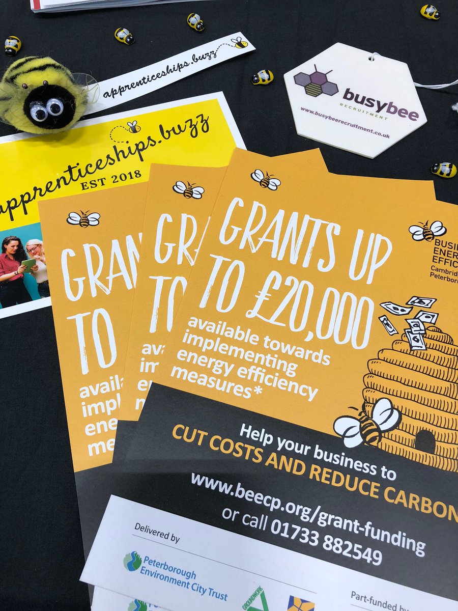 BusinessEECP's tweet photo. There was a strong bee-theme going on on Friday at the #ECBB2018 event in Ely.  Here's our stand with a little support from  @busy_recruit and @apprenticebuzz  :-D  #grantfunding https://t.co/JcXwCGZu4v