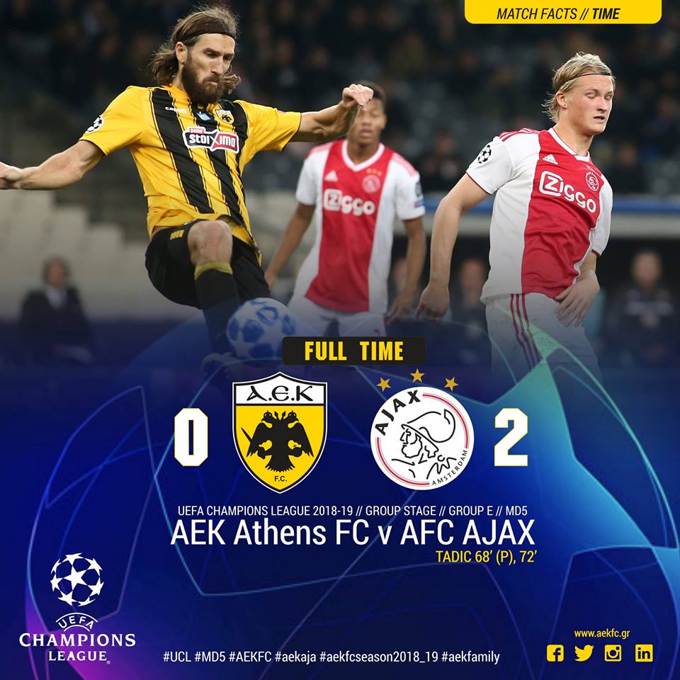 AEK F.C. on X: "Τέλος του αγώνα: ΑΕΚ – Άγιαξ 0-2 / End of match: AEK – Ajax  0-2 #UCL #MD5 #AEKFC #aekaja #aekfcseason2018_19 #aekfamily  https://t.co/Y99gkNTIYk" / X