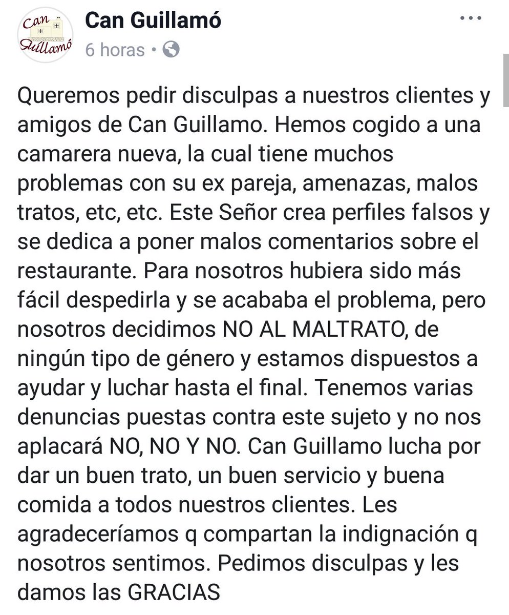 FSEPSOE's tweet photo. Ejemplar #Reacció del restaurante portmanyí Can Guillamó. Ante la violencia machista, tolerancia cero. https://t.co/hODPNgjwiE