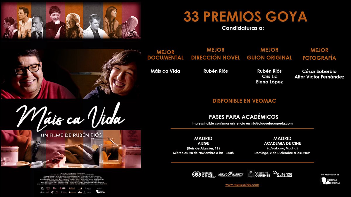 maiscavida's tweet photo. LLAMAMIENTO A LOS ACADÉMICOS!!
El documental #maiscavida arranca su andadura a la 33 Edición de los #premiosgoya. 
Pases solo para académicos:
🤞 28/11/18 (18:00h) AISGE (Ruíz de Alarcón, 11)
🤞 02/12/18 (13:00h) Academia de las Artes y las Ciencias Cinematográficas de España. https://t.co/6JZus5zEZL