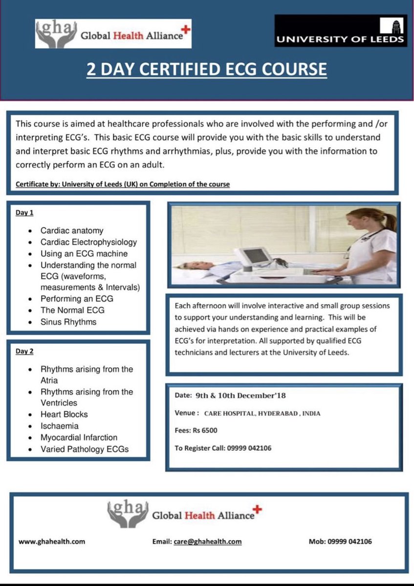 GhaHealth's tweet photo. U.Ks Top Certified 2 Day ECG Course comes to #Hyderabad 
Date:  9th &amp; 10th December’18
Venue : CARE Hospital , HYDERABAD 
To Register : Call : 9999042106
https://t.co/KSHyE6yMtW 
#GHAIND #GHAUK #GlobalHealthAlliance #2ECG #rajaynarain #nurses #Doctors #CAREHospital #Cardiology https://t.co/AaNrWCRQAr