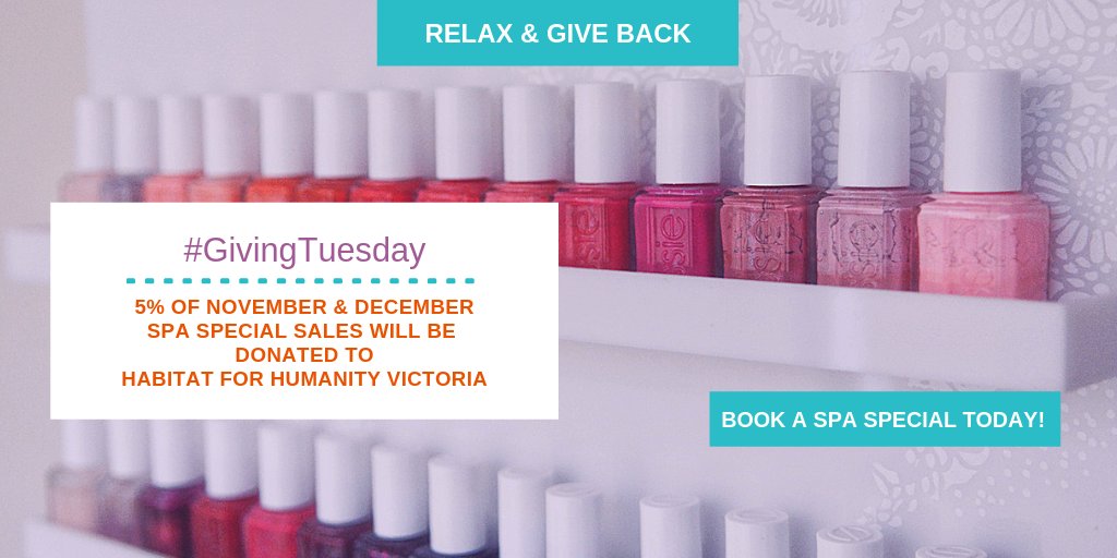 TheParksideSpa's tweet photo. Celebrate #GivingTuesday with us today, allllll the way through December 31, 2018!

We're donating 5% of all November &amp; December Spa Specials Sales to Habitat for Humanity Victoria B.C.

Relax &amp; Give Back. Book a Spa Special Now! https://t.co/WKSutfQ2li https://t.co/A5C89yiG4e