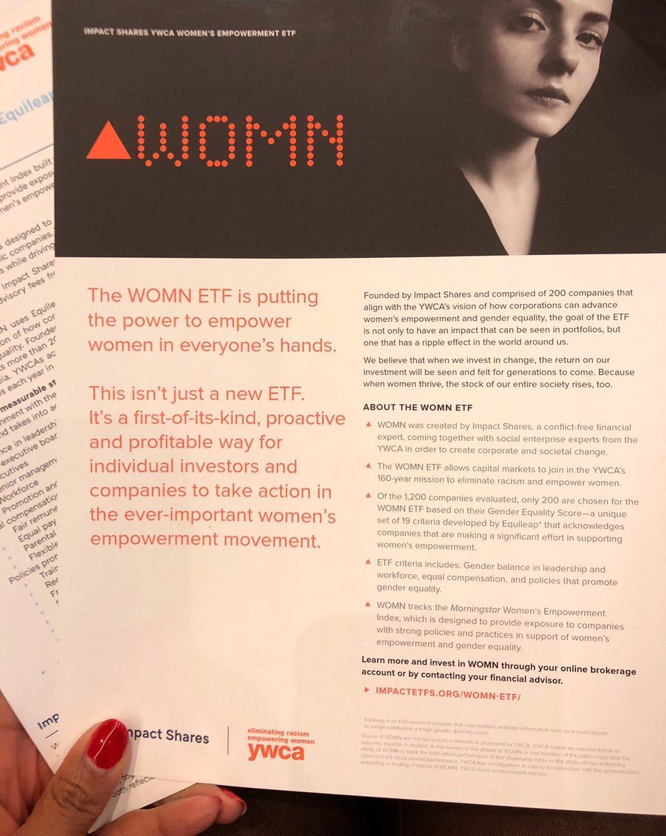 tycely's tweet photo. Thanks Rachel Evans of @business for facilitating an informational & inspiring convo. On #GivingTuesday & every day, @YWCAUSA #WOMNetf by @ImpactETFs tracks the @MorningstarInc Women’s Empowerment Index & allows capital markets to eliminate racism & empower women. #InvestInWomen https://t.co/mjgofSmyeA