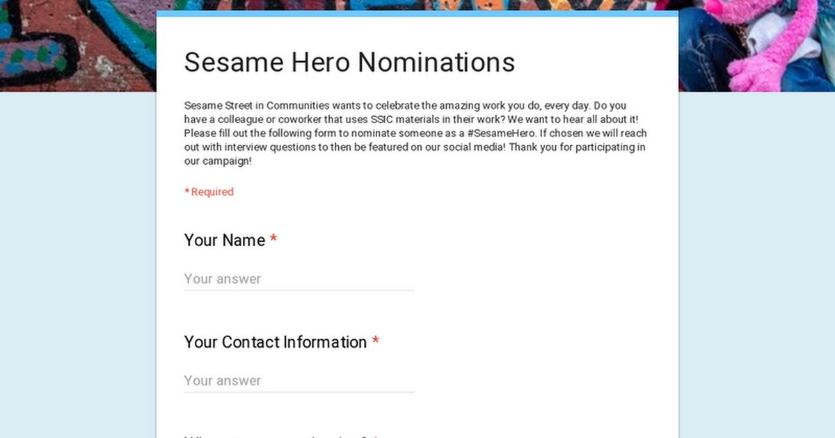 SesameCommunity's tweet photo. #SesameHero is an ongoing social media campaign to highlight the incredible work providers are doing every day. Do you know a provider in your community using SSIC resources? Nominate them to be a Sesame Hero by filling out this form: https://t.co/Hlpc78fGyD https://t.co/XKlGqPCRb4
