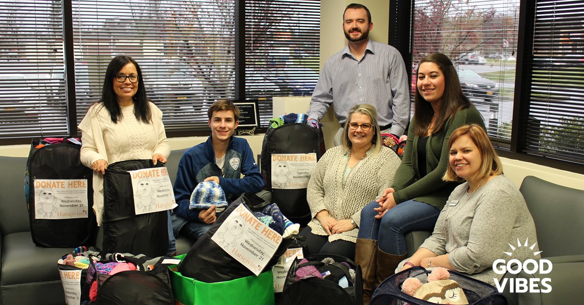 sunmarkcu's tweet photo. Thanks to your generous donations to @Hatsgiving_org we'll be putting #hats on the heads of hundreds of #cancer patients this #winter. Over 820 new hats we're collected at our Sunmark branches in November. Holding the blue &amp; white hat is Jeremy Wernick, creator of Hatsgiving. https://t.co/gTJy4hrGPR