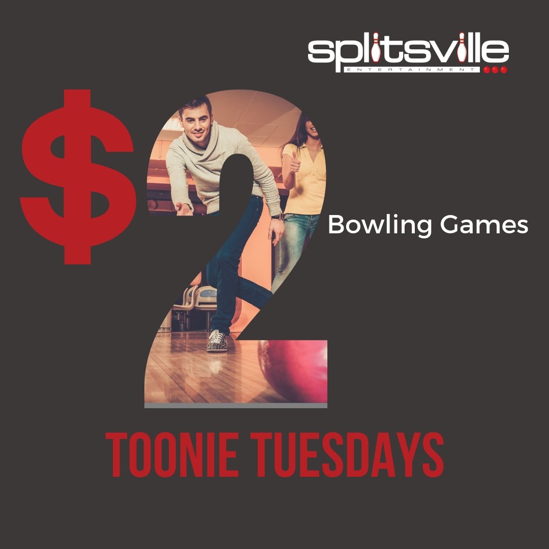 It's Toonie Tuesday at Splitsville! Bowl for just $2 a game every Tuesday night. Contact the centre for details and available times.
