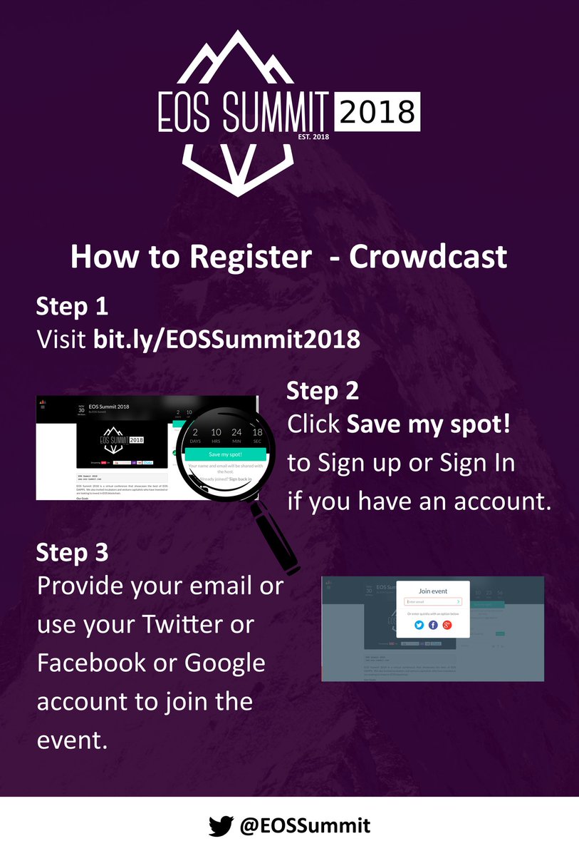 How To Register for the #EOSSummit on Crowdcast

1. Visit bit.ly/EOSSummit2018
2. Click "Save my spot!"" to Sign up or Sign In if you have an account.
3. Choose a sign up method.
