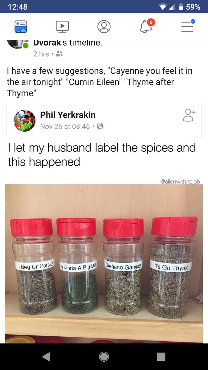 thaahoff's tweet photo. Stole this gem from Facebook, if your kitchen spices aren't labeled as such. You need to reevaluate your life. #spices #kitchen #aintnobodygotthymefordat #cayenneyoufeelitintheairtonight https://t.co/b4wi71Jiot