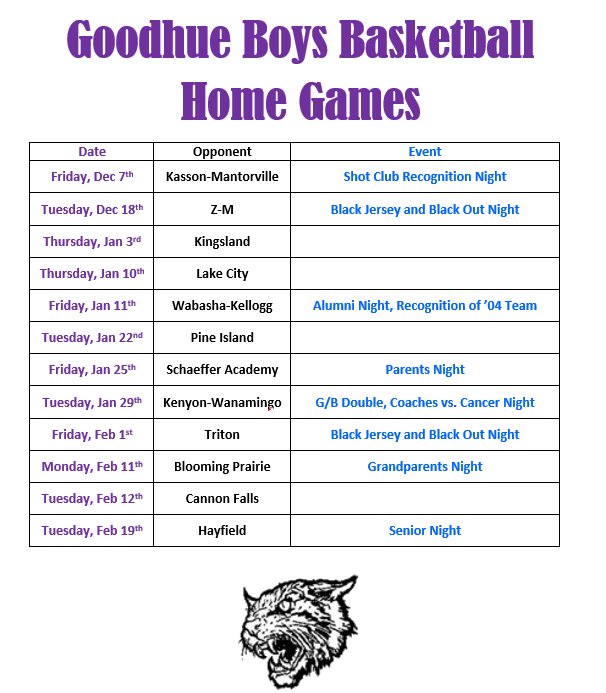 We have some fun things planned for our home games this year! Besides having elementary play at nearly every halftime, we are doing a lot of other celebrating this year. First game is this Friday (Nov 30th) at Fillmore Central. Home opener Fri, Dec 7th! #goodhueschool
