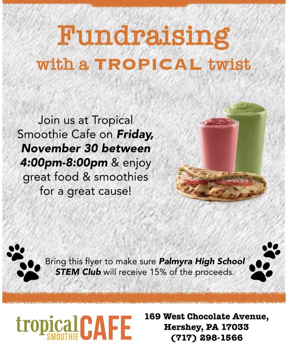 PalmyraSTEM's tweet photo. We have a STEM fundraiser coming up at Tropical Smoothie! All the information is in the photo below! You must bring a PAPER copy of this to the register if you decide to go. :) https://t.co/3pyeumGKi2