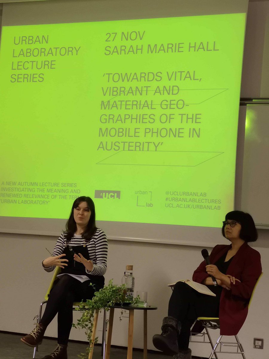 _ISRF's tweet photo. Post talk Q&amp;A chaired by @yasminah_b, following @Sarah_M_Hall's #urbanlablectures talk 'Towards Vital, Vibrant &amp; Material Geographies of the Mobile Phone in Austerity' @UCLurbanlab https://t.co/qquasBio4T