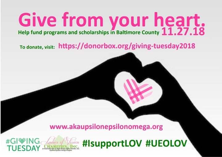 AKA_UEO's tweet photo. Help provide quality and impactful programs and deserving scholarships in Baltimore County. Please consider donating to Ladies of Vision Charities, Inc. On today #GivingTuesday #IsupportLOV #UEOLOV #SharetheLOV #SpreadtheLOV 💗 https://t.co/Wcmt3RlZzi