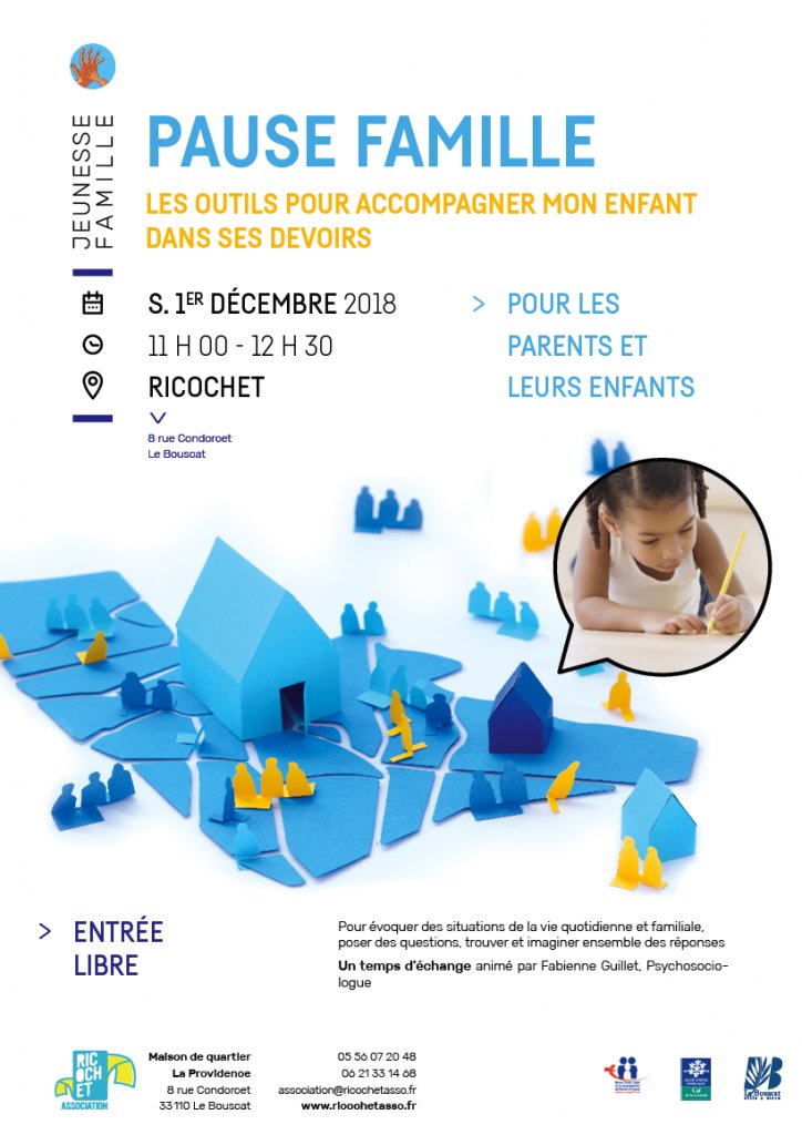 Ce samedi, <a href="/ricochetasso/">Association Ricochet</a> vous invite à une pause #Famille : les outils pour accompagner mon enfant dans ses #devoirs <a href="/VilleduBouscat/">Ville du Bouscat</a> #parentalité ricochetasso.fr/pausefamille-1…