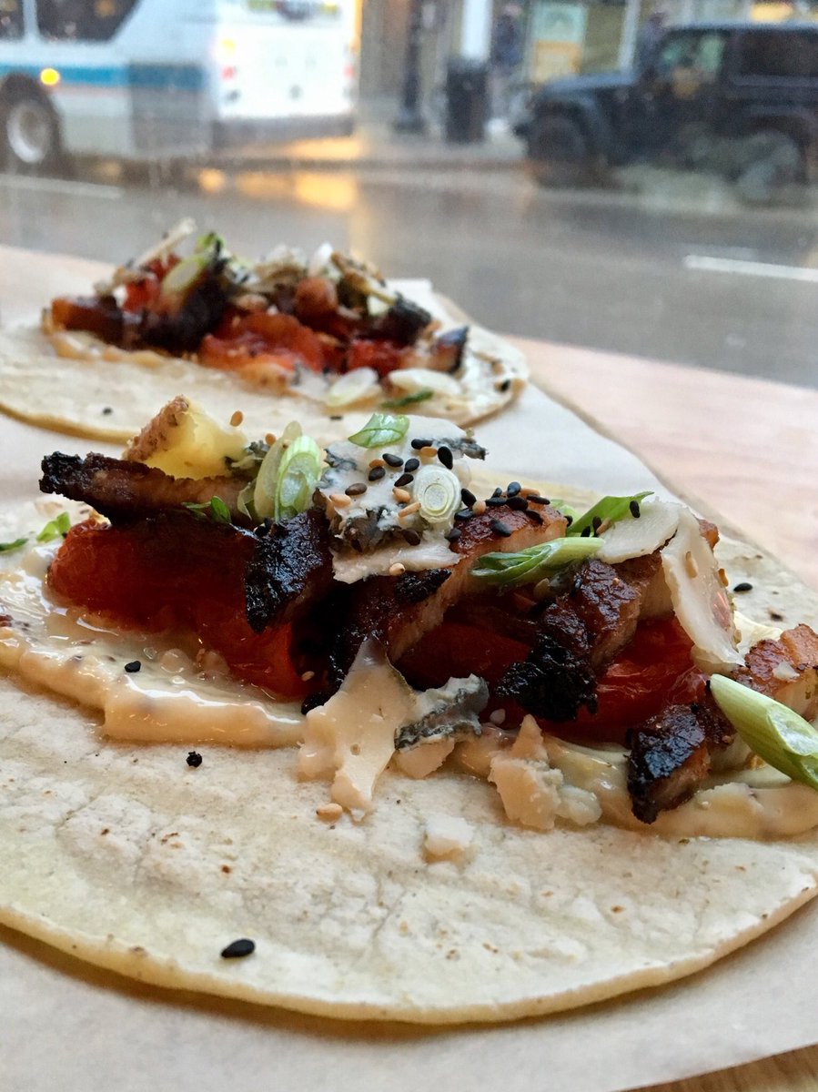 StoneCityAles's tweet photo. Taco ‘bout Tuesdays | roasted pork belly | togarashi tomatoes | Celtic blue | green onion | sesame #ygkfood #goeswithbeer https://t.co/rPfD6LDStw