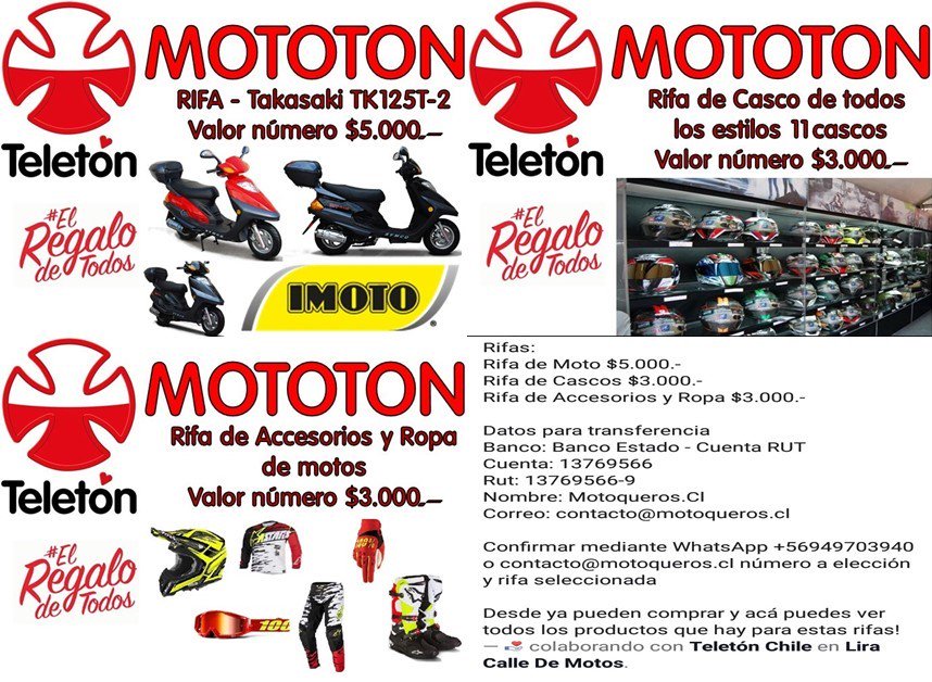 MotoquerosCl's tweet photo. Esta Sábado 01 en calle Lira esquina 10 de Julio a las 11:00 hrs a 16:00 hrs con show para reunir aportes a Teleton que vamos a entregar en Caravana al Centro Telelton Alameda, para reunir esto 3 Rifa que pueden comprar mediante transferencia o deposito desde ya Compra tu num https://t.co/1zaha0WZoe
