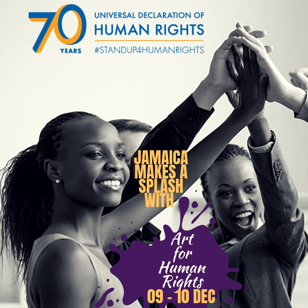 UNJamaica's tweet photo. IT'S THE 70TH ANNIVERSARY of the Universal Declaration of Human Rights. Jamaica will celebrate with a splash, with Art for Human Rights, 09 - 10 Dec. Brought to you by UN Jamaica, @EUinJamaica @mfaftja @EMCVPA #UDHR70 #UDHR70Jamaica #StandUp4HumanRights #HumanRightsDay https://t.co/orm4x99mCe