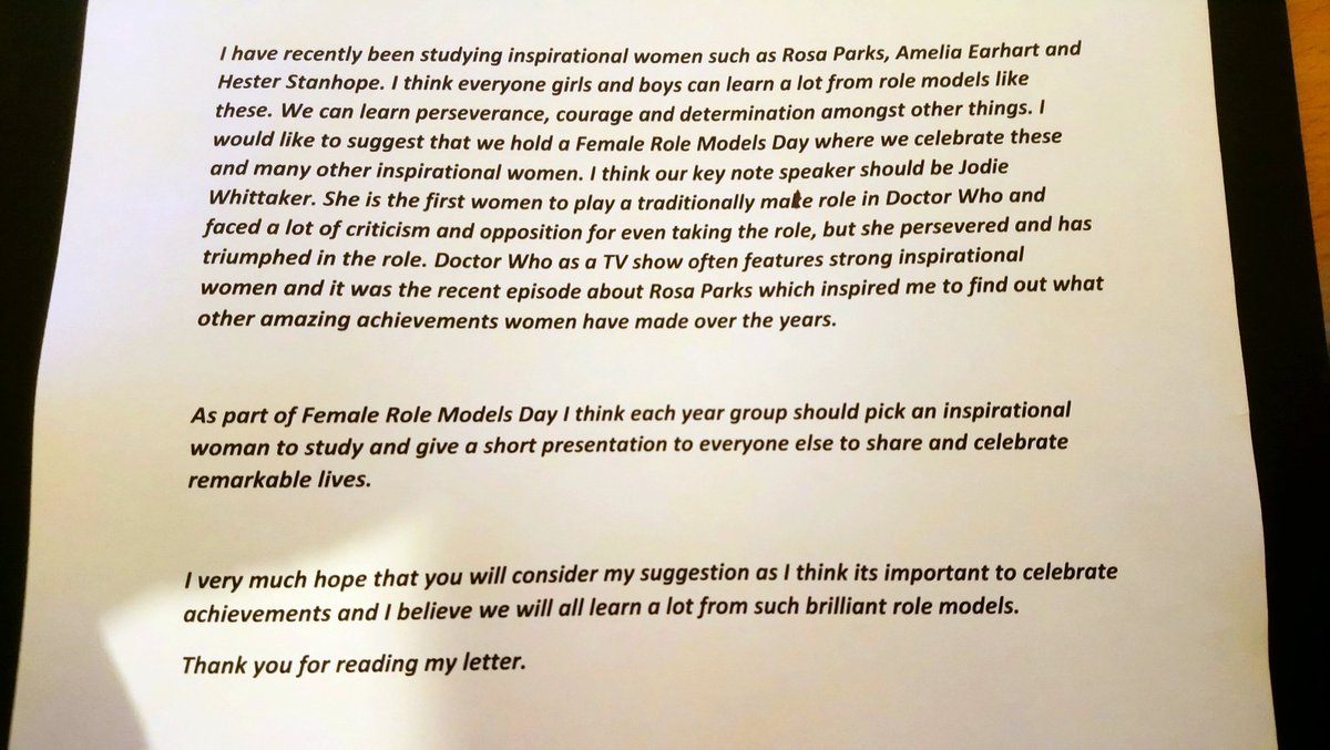 Mr_Mark_Norman's tweet photo. The new season of Dr Who is doing its job @bbcdoctorwho. It has inspired our daughter to write this to her headteacher who was so impressed he has agreed that the whole secondary school will do it. Ms Whittaker needs to know she is making a difference. Please all RT and support https://t.co/WKcyUQlJh5