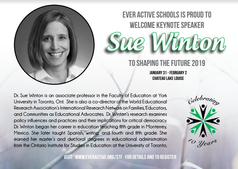 We are excited to welcome keynote speaker Sue Winton to Shaping the Future 2019. To learn more about equitable decision making in schools join us in Lake Louise. #EASSTF @Swintoncpa bit.ly/STF10years