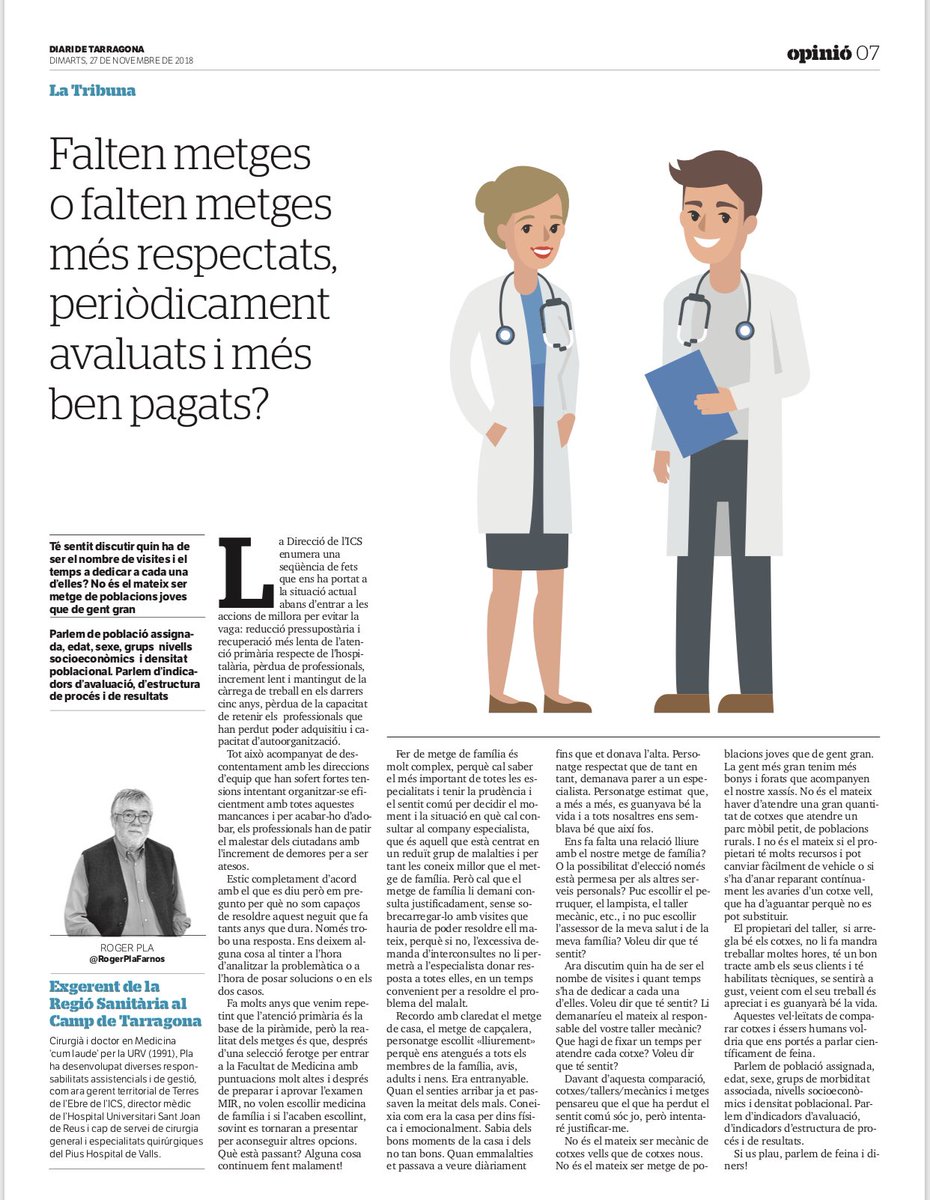 JanAlvarezVives's tweet photo. Opinió d’avui d’el Dr. @RogerPlaFarnos  al @diaridtarragona. Molt d’acord com planteja el problema, i me’l faig meu per traslladar-ho a la fisioteràpia de l’atenció primària, no estaria malament plantejar-ho igual. https://t.co/zcCKYH6Bw2